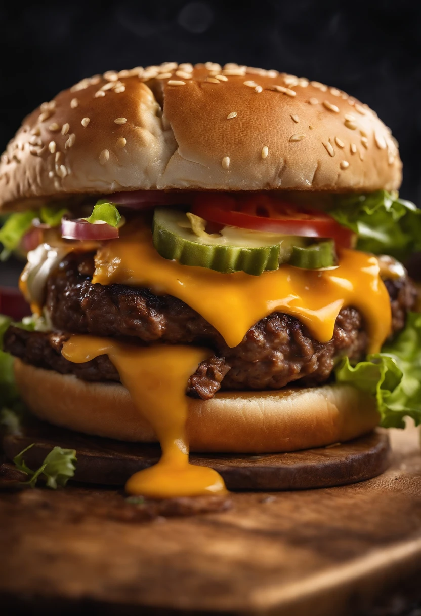 a close-up shot of a classic cheeseburger, with the cheese perfectly melted over the juicy beef patty, showcasing the deliciousness and mouthwatering appeal
