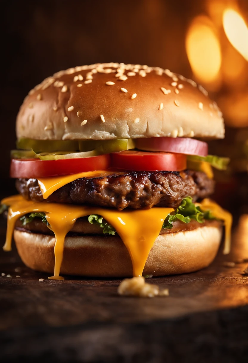 a close-up shot of a classic cheeseburger, with the cheese perfectly melted over the juicy beef patty, showcasing the deliciousness and mouthwatering appeal