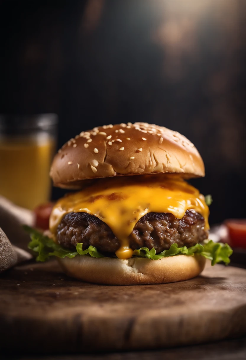 a close-up shot of a classic cheeseburger, with the cheese perfectly melted over the juicy beef patty, showcasing the deliciousness and mouthwatering appeal
