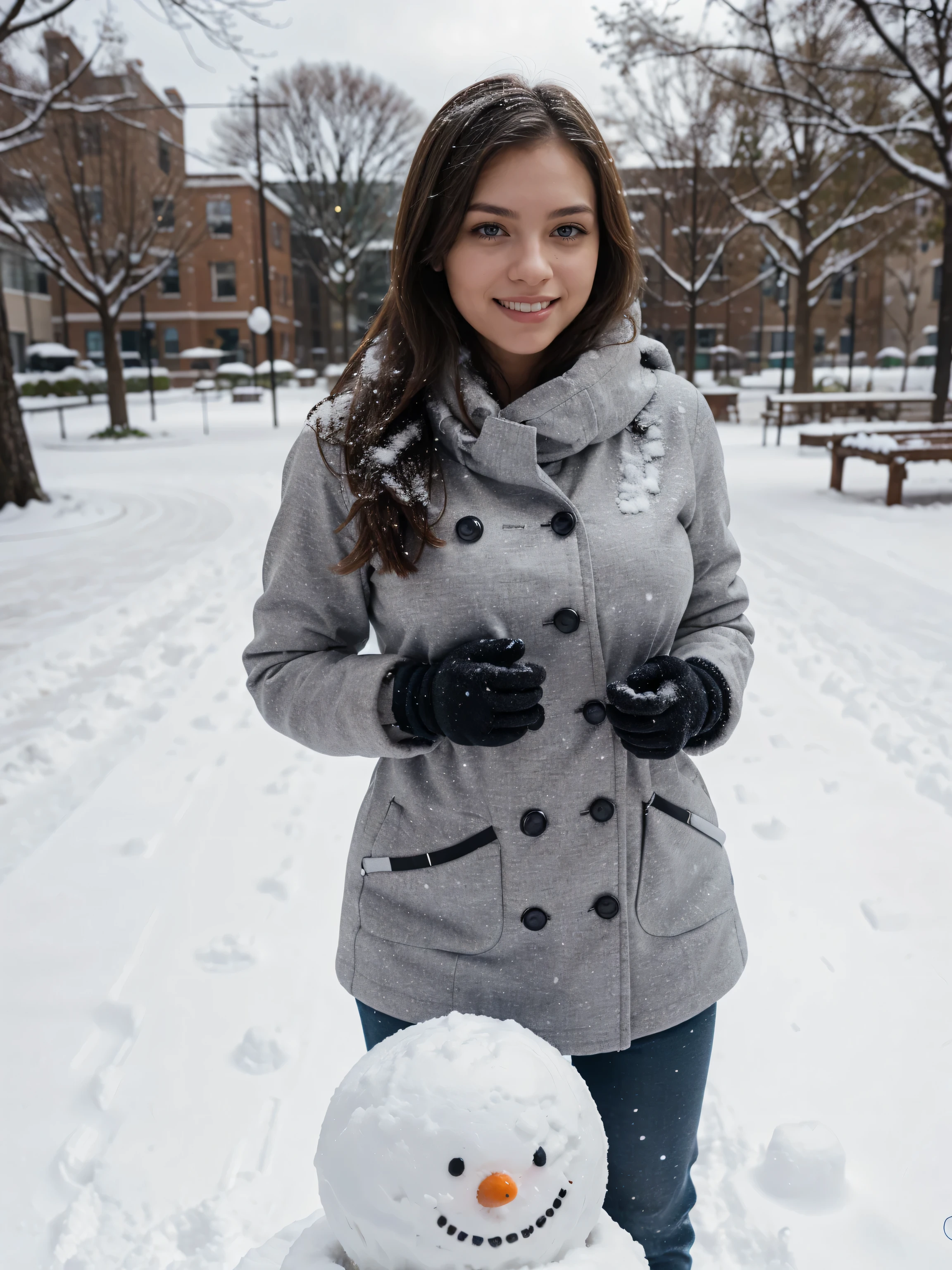 beautiful brunette girl (in tight winter clothes, highlighting her model figure, she is 20 years old and has a big bust) enjoying a snowy day with a smile on his face, making a snowman in the park. in the hands of (Wearing gloves) she has a bucket for making snow globes.