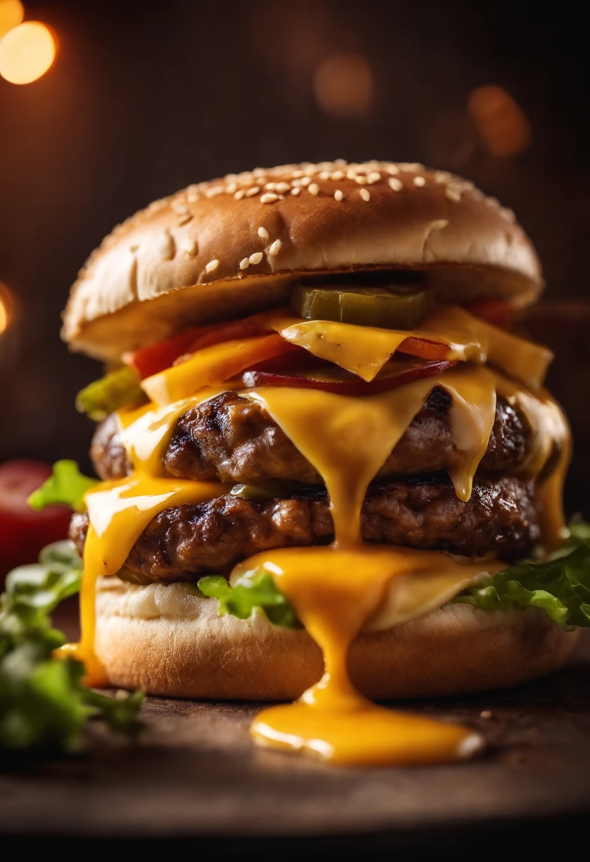 a close-up shot of a classic cheeseburger, with the cheese perfectly melted over the juicy beef patty, showcasing the deliciousness and mouthwatering appeal