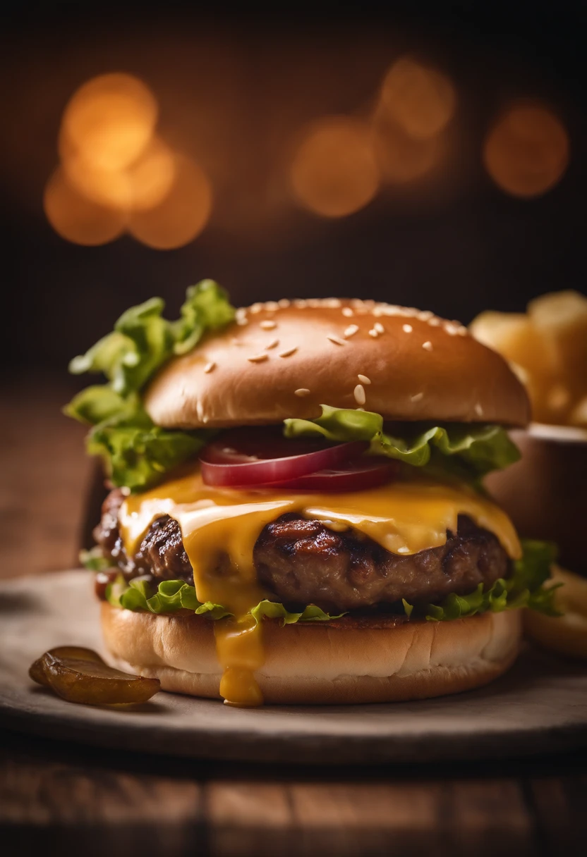 a close-up shot of a classic cheeseburger, with the cheese perfectly melted over the juicy beef patty, showcasing the deliciousness and mouthwatering appeal