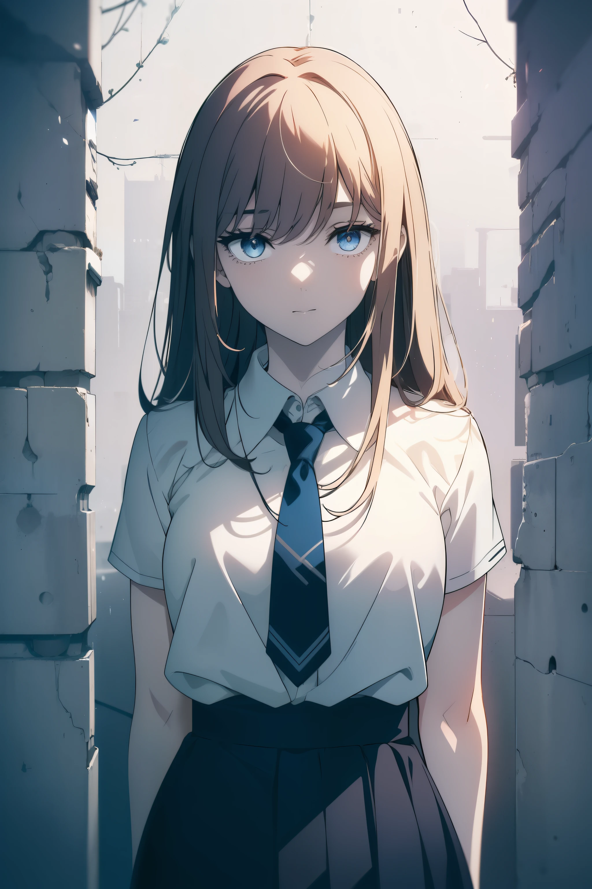 (Obra maestra, La mejor calidad, ultrahigh resolution), 1girl, standing, school uniform, white office shirt, black pleated skirt, ((light brown, light brown hair:0.7), long hair cut, pale skin, ((blue eyes)), glowing_eyes, neon eyes, (ultra detailed eyes, beautiful and detailed face, detailed eyes), ((centered)), smile, ((wide shot)), facing viewer, eye level, (blurry background, bright snowy background, winter), flat chested, looking at viewer, ((half closed eyes)), ((perfect hands)), (((head, arms, hips, elbows, in view))), ((hands behind back)), empty eyes, beautiful lighting, outside, outdoors, background, defined subject, 25 years old,