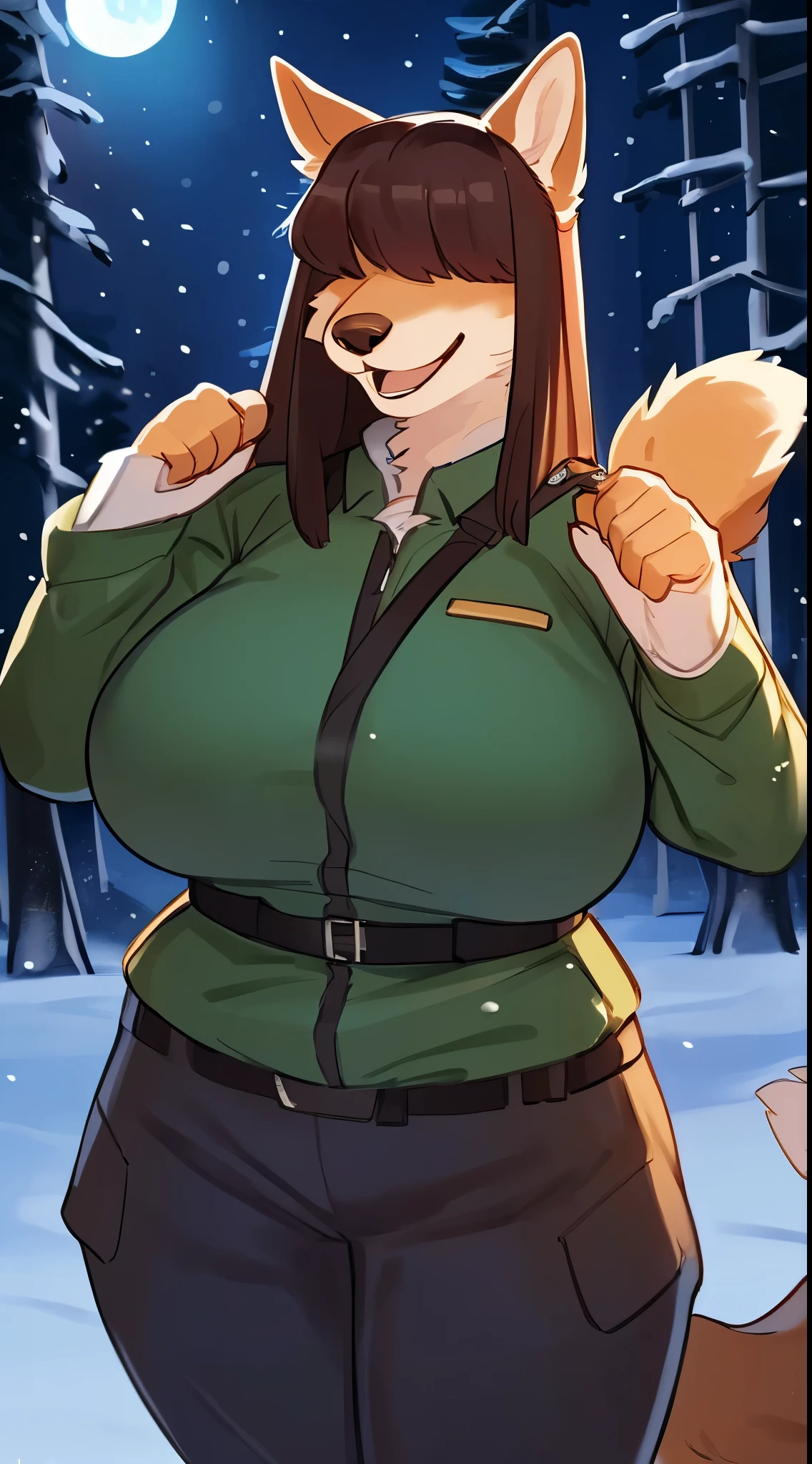 (((By bebebebebe))), ((by lostgoose)), (by goonie-san), female, ((canine, snout, hair covering eyes, straight hair, medium hair, flat hair, ears, thin snout)), brown fur, big poofy tail, raised tail, dark maroon hair, ((muscular, big breasts)), solo, standing, (tan and green park ranger uniform, pants), snow, snowing, night time, moon, forest, smiling, happy, fun pose, happy pose, open mouth