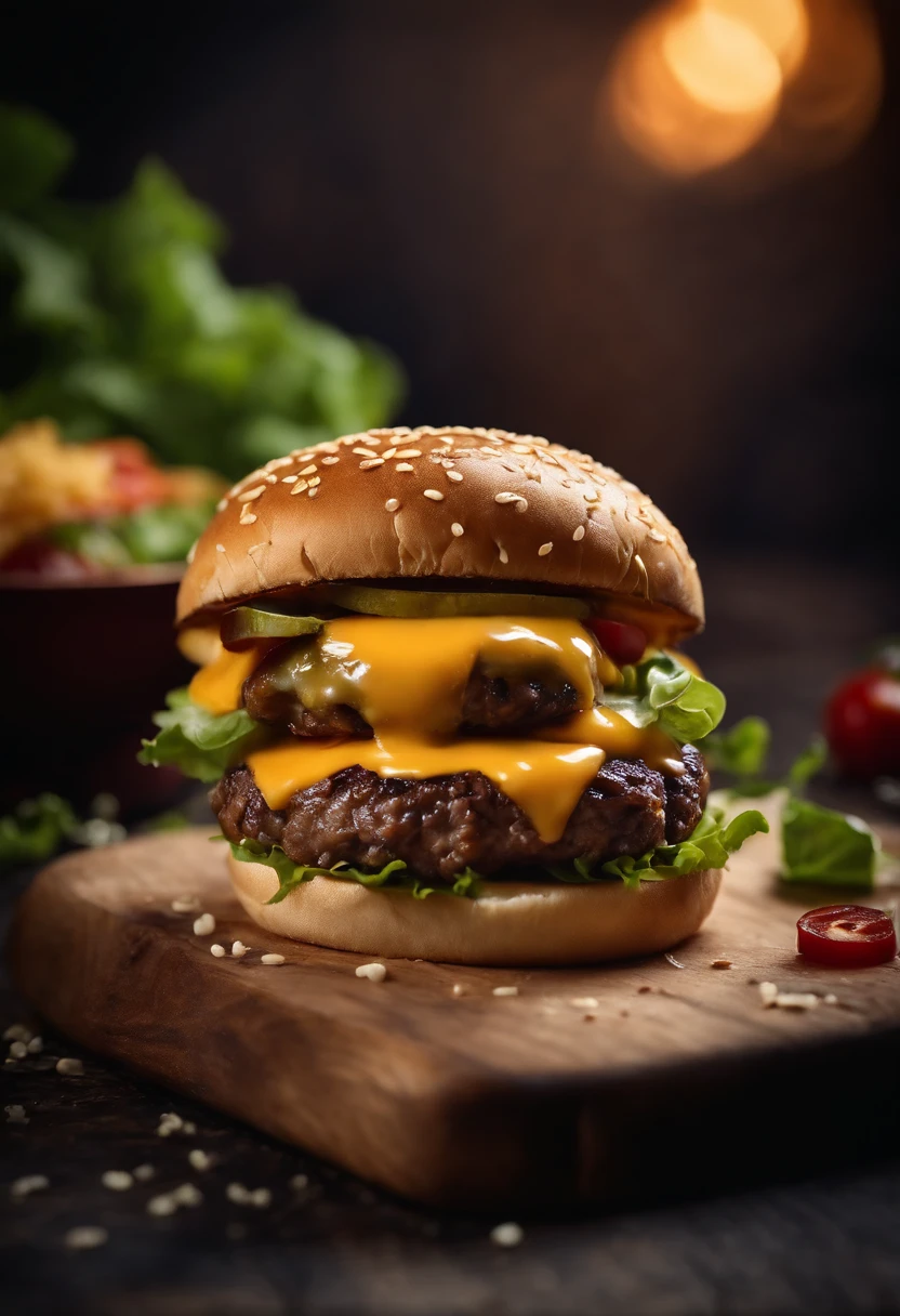 a close-up shot of a classic cheeseburger, with the cheese perfectly melted over the juicy beef patty, showcasing the deliciousness and mouthwatering appeal