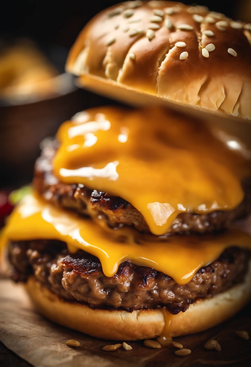 a close-up shot of a classic cheeseburger, with the cheese perfectly melted over the juicy beef patty, showcasing the deliciousness and mouthwatering appeal