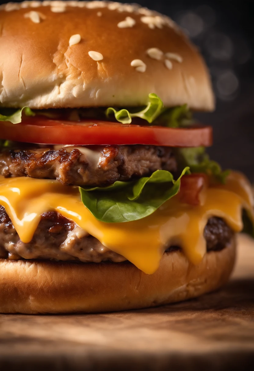 a close-up shot of a classic cheeseburger, with the cheese perfectly melted over the juicy beef patty, showcasing the deliciousness and mouthwatering appeal