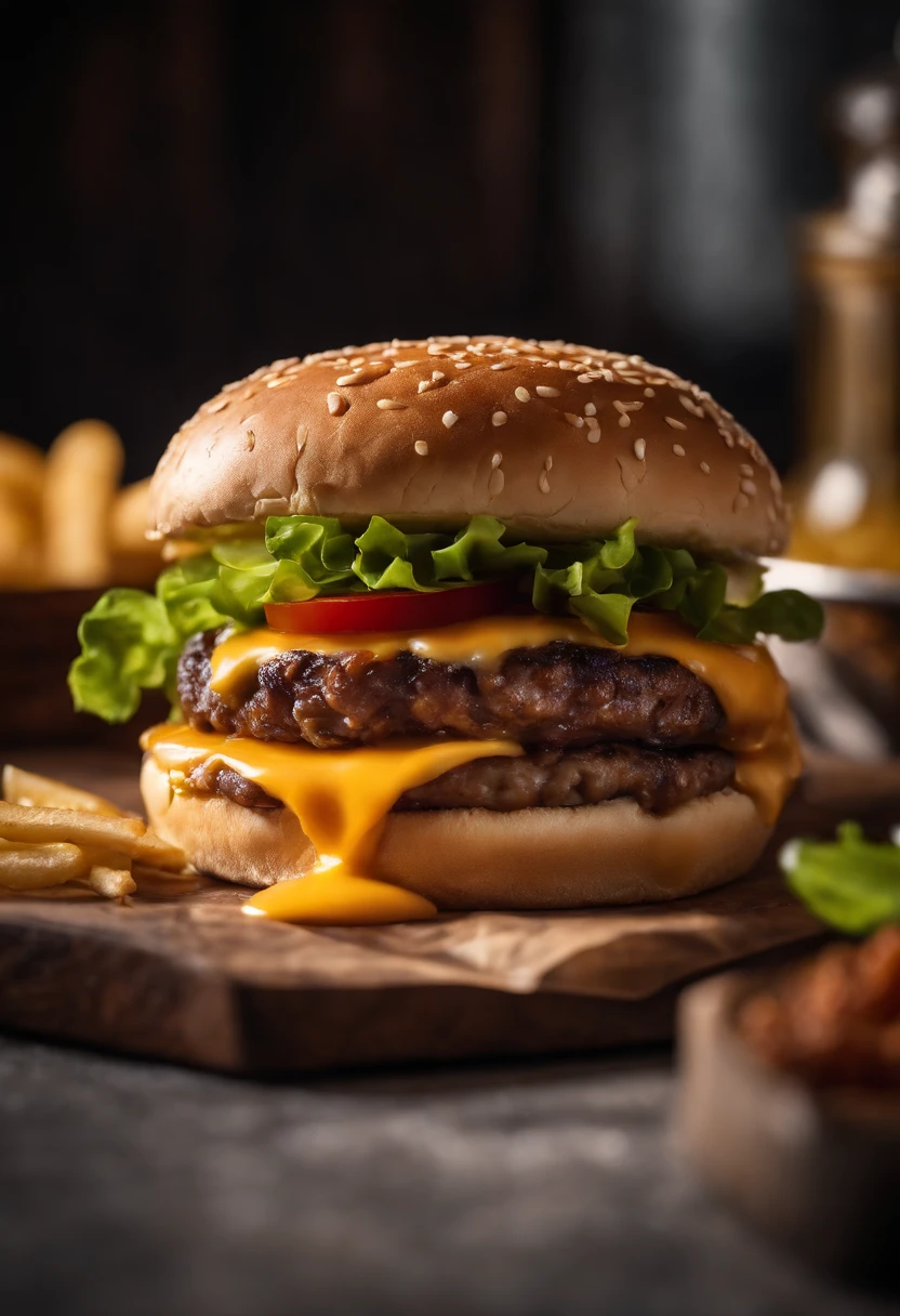 a close-up shot of a classic cheeseburger, with the cheese perfectly melted over the juicy beef patty, showcasing the deliciousness and mouthwatering appeal