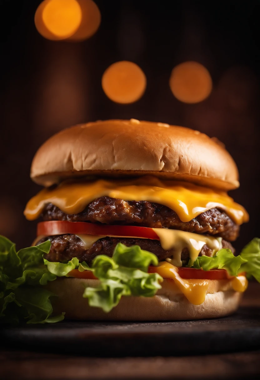a close-up shot of a classic cheeseburger, with the cheese perfectly melted over the juicy beef patty, showcasing the deliciousness and mouthwatering appeal