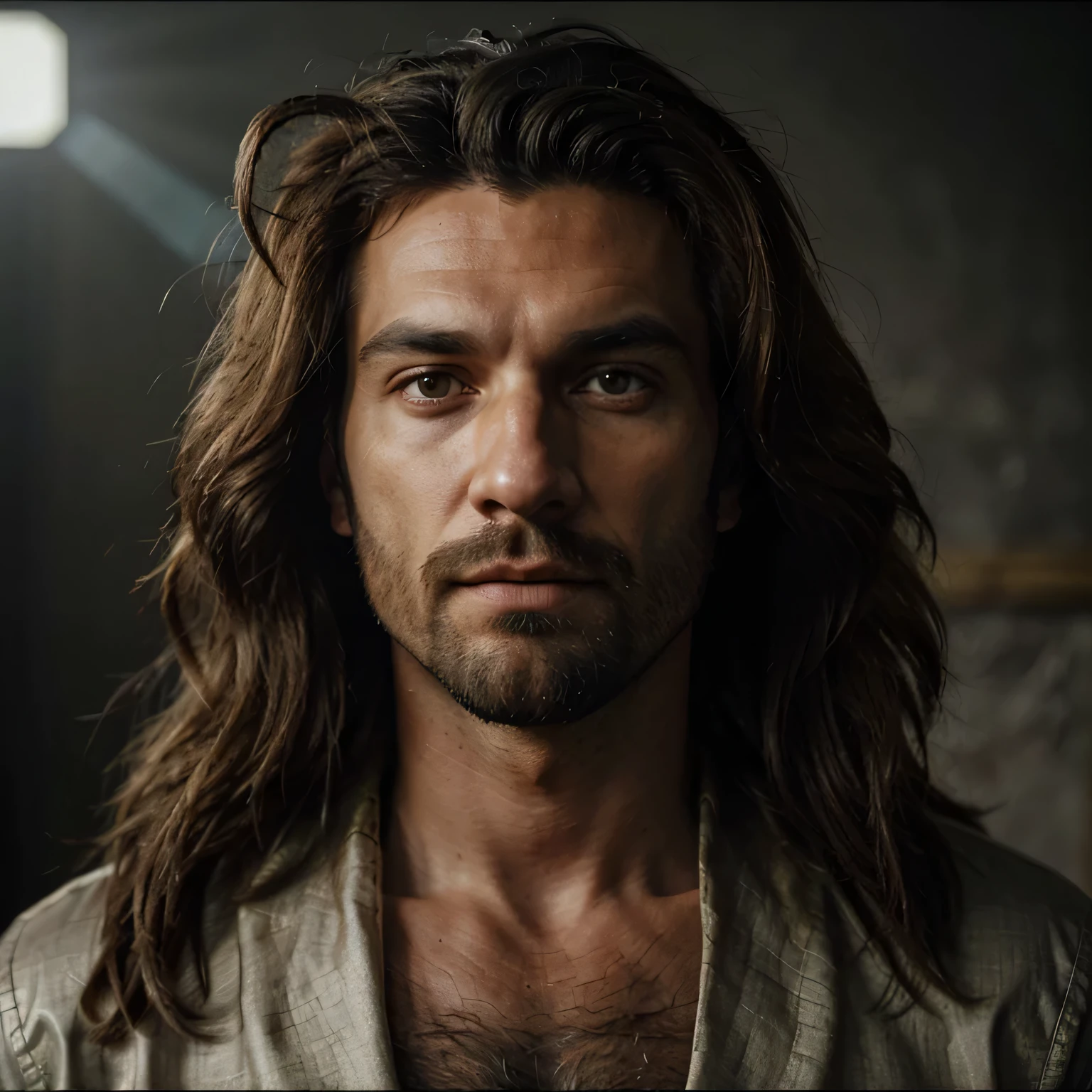 Jesus Cristo e , the Lion, sentado,olhando para frente falando co seus dicipulos, Cinematic Shot, dynamic lighting, 75 millimeters, Technicolor, Panavision, Cinemascope, foco nítido, detalhes finos, 8k, HDR, realismo, Realistic, visual chave, filme ainda, Excellent cinematic color grading, profundidade de campo,