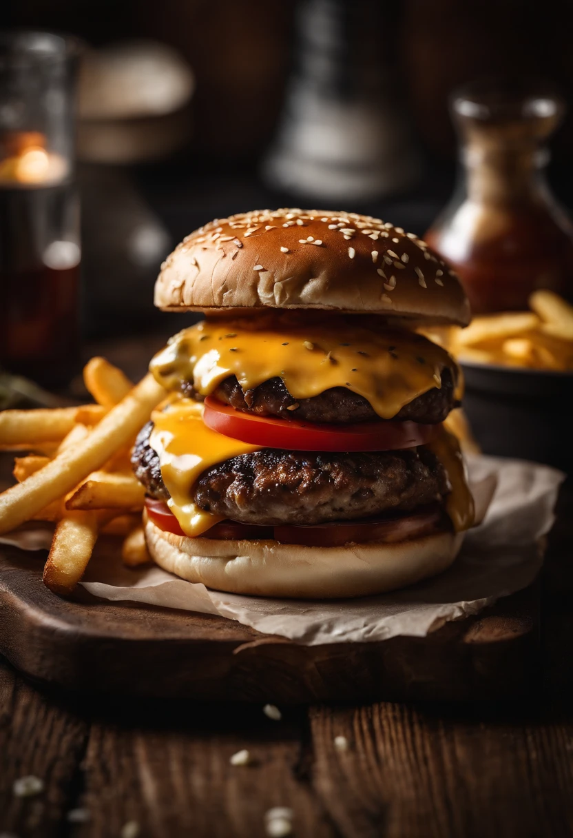 a top-down shot of a cheeseburger on a rustic wooden table, with sesame seeds sprinkled on the bun and a side of crispy golden fries, creating a classic American diner aesthetic