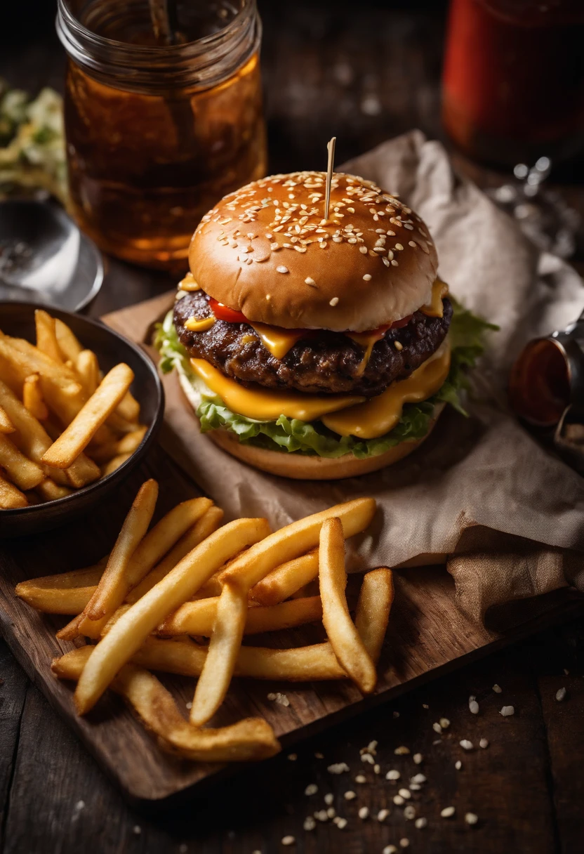 a top-down shot of a cheeseburger on a rustic wooden table, with sesame seeds sprinkled on the bun and a side of crispy golden fries, creating a classic American diner aesthetic