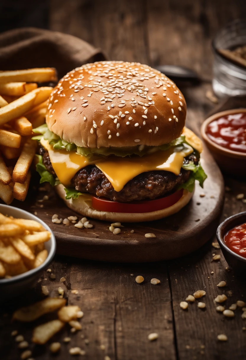 a top-down shot of a cheeseburger on a rustic wooden table, with sesame seeds sprinkled on the bun and a side of crispy golden fries, creating a classic American diner aesthetic