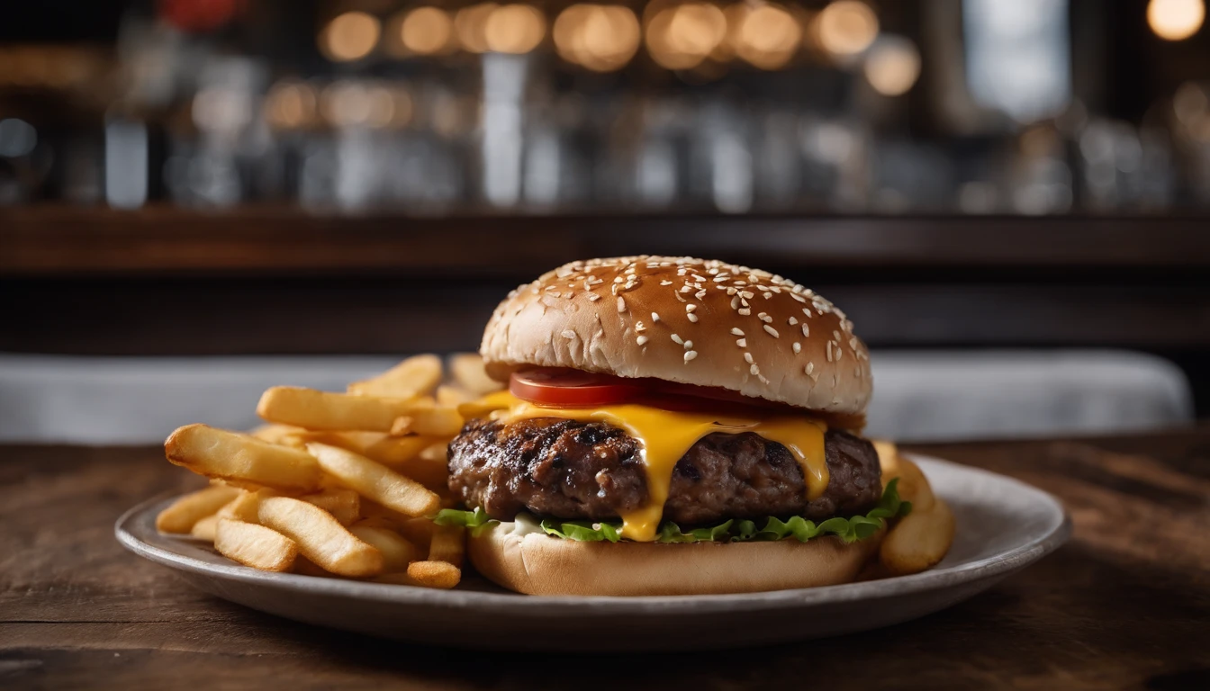 a top-down shot of a cheeseburger on a rustic wooden table, with sesame seeds sprinkled on the bun and a side of crispy golden fries, creating a classic American diner aesthetic