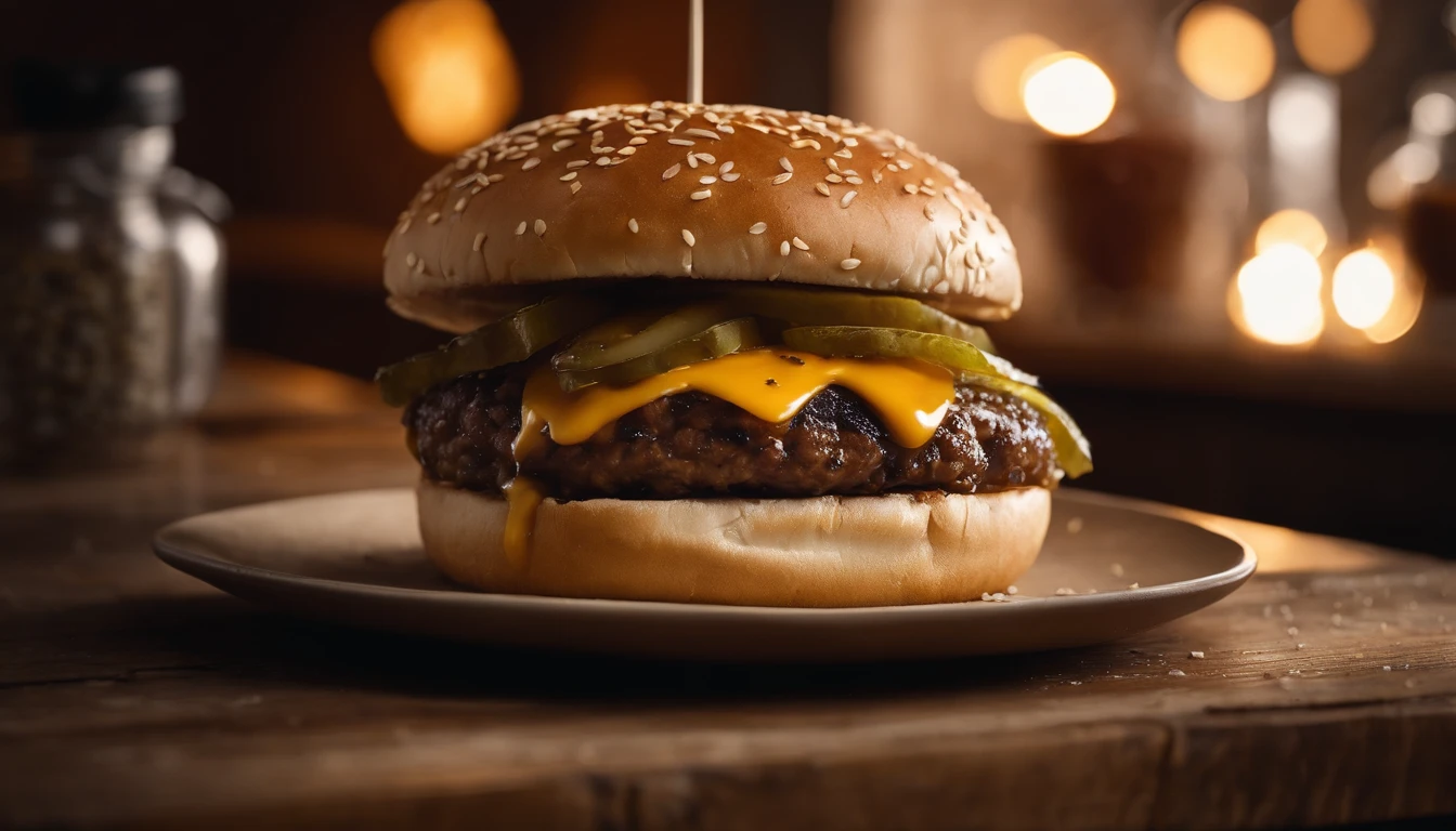 a top-down shot of a cheeseburger on a rustic wooden table, with sesame seeds sprinkled on the bun and a side of crispy golden fries, creating a classic American diner aesthetic