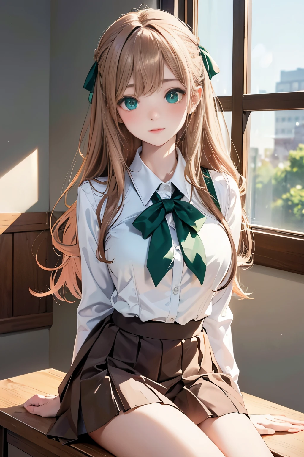 (Masterpiece:1.2, high quality), (pixiv:1.4), (1girl:1.2), (solo:1.2), beautiful caucasian woman, pale skin, solver hair, hair ribbon, face mask, detailed green eyes, (detailed eyes), wavy hair, asymmetric hair, bangs, (blush:1.2), (looking away), looking sideways, detailed neck, collabone, school uniform, unbuttoned white shirt, brown skirt, bare thighs, sitting beside window, windowsill, professional photography, vivid colors, soft lighting, high contrast, intrinsic details, natural beauty, aesthetic indoors, classroom, artistic details, (detailed face), ultra-detailed, 4k, HD, (highres:1.5), highly focused face, blurry background