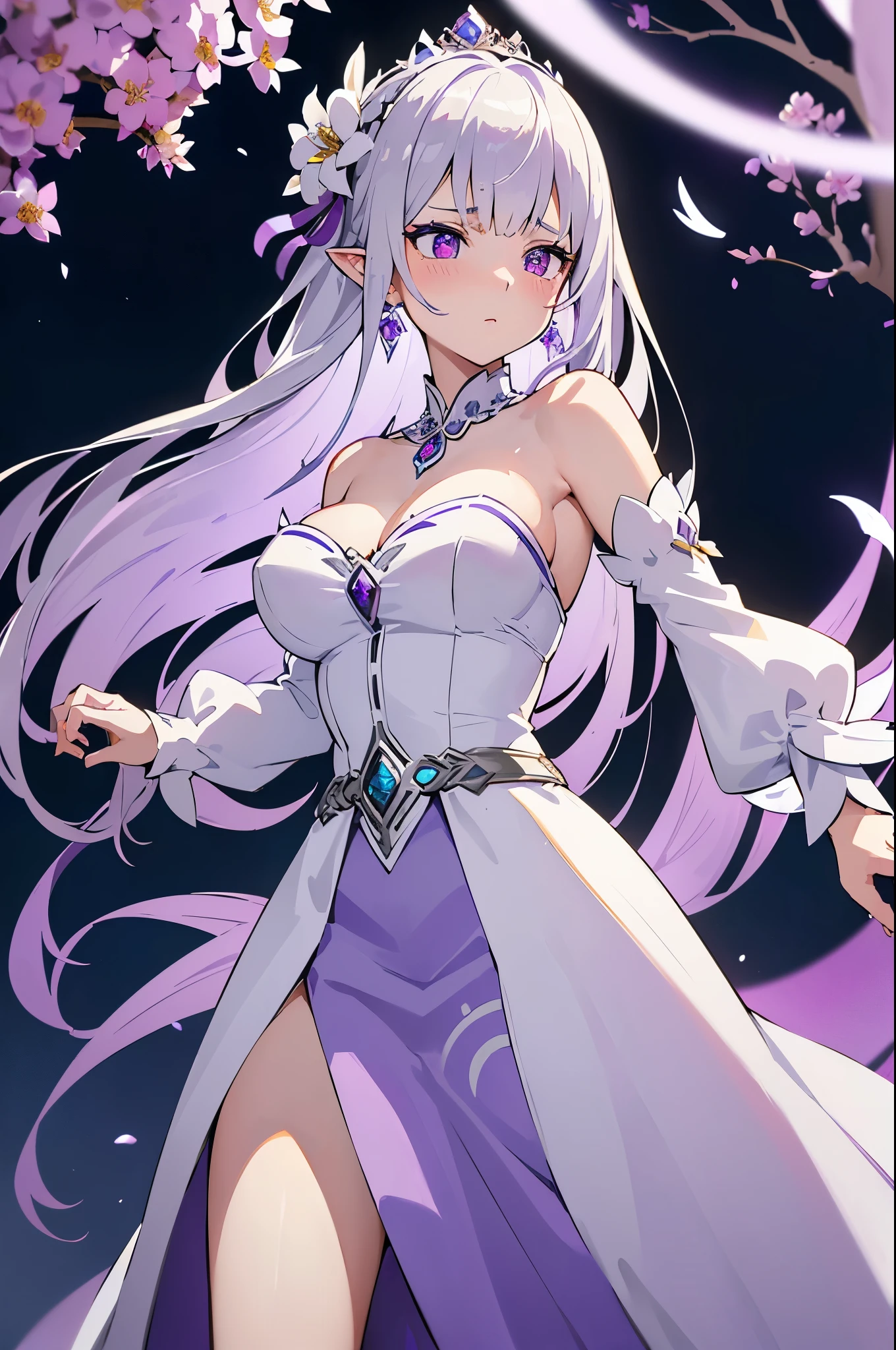 Emilia princess from Re:Zero kara Hajimeru Isekai Seikatsu, half elf, ((gorgeous white and purple elegant silk wedding dress, holding a bunch of clematis, silk accesory, veil, silver necklace, diamond ring, flower earring, belt, collar, silver crown, silk long sleeves)), grace hair style, garden background, ((perfect body shape, medium breast, empress and forzen aura, flower and feather flying effect, clean detailed skin, silver and light purple pupil, blush)), best quality anime 16k wallpaper quality, extreme eye and body detail, spiral energetic girl, spirit around, high resolution , masterpieces, ultra lighting,