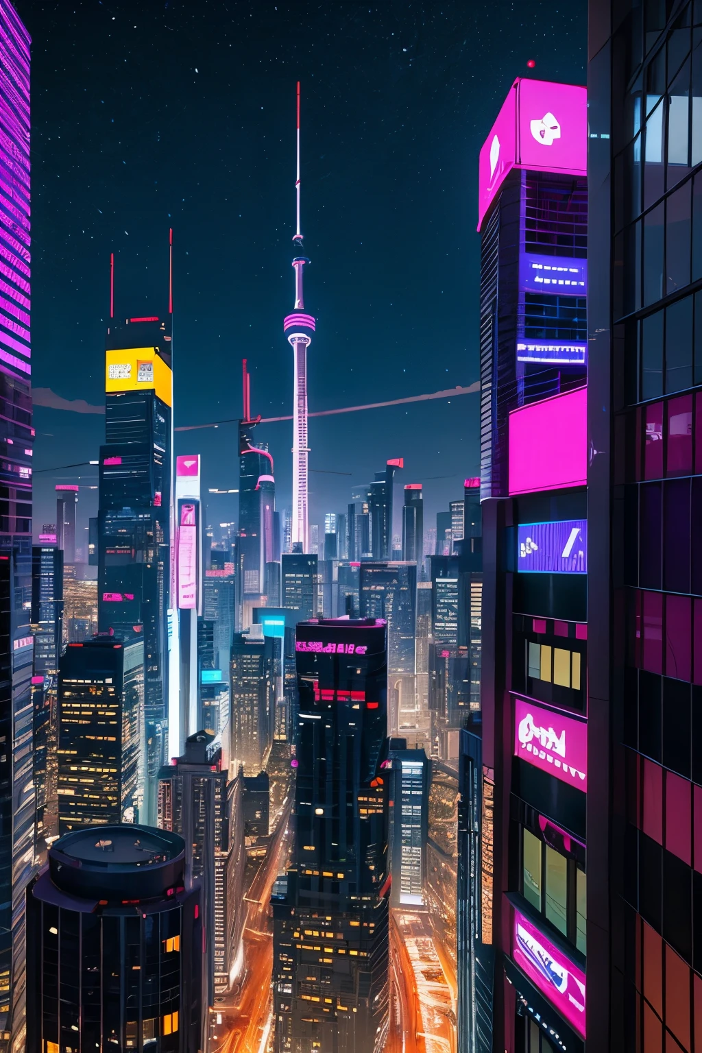 The city of the future, Cyberpunk night neon city penthouse violet 8k HD details
