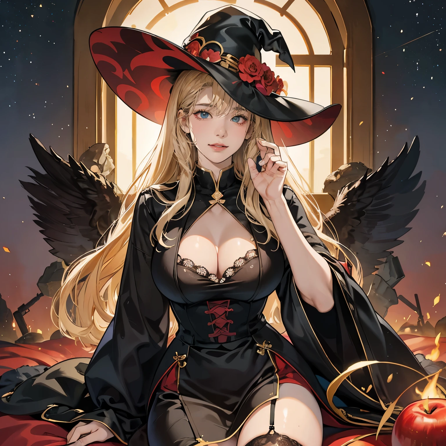 Women in Their 20s, 2 females:2.0、Fantasia、offcial art, Unity 8K Wall , ultra-detailliert, beautifly、Aesthetic, masterpiece, top-quality, Photorealsitic、Black Wizard、Sorcerer、Fire magic、red flame magic、the witch、Black clothes with a skull design、Diabolical、the presence of wings on the back、bloodless underwear、Thighs seen through the slit、Blonde hair、広大なWasteland、Rock、majestic view、You can see the castle at the top of the mountain、depth of fields, Fantastic atmosphere, Calm palette, tranquil mood, Soft shading、very large breast、flock of small black birds、Sorcererの杖:2.0、Orostum staff with long red hem、Deep slit、Huge breasts、Huge breasts、the witchの帽子、Black hat、thick thight、black lace stocking rack lace stockings、garterbelts、plump figure、gnarled wooden cane、Sorcererの杖、Long cane、black cane、the witchの杖、Long cane、広大なWasteland、high towers、majestic view、崩れかけたRuins、The terrain of the valley、nigh sky、Huge breasts、Huge breasts、広大なWasteland、Ruins、majestic view、大きなthe witchの杖、Black hat、apple、skeleton statue、stone statue、Evening glow、Twilight、Wasteland、hell scenery、Black underwear、Pillar of fire、meteorite、shooting stars、Meteor swarm