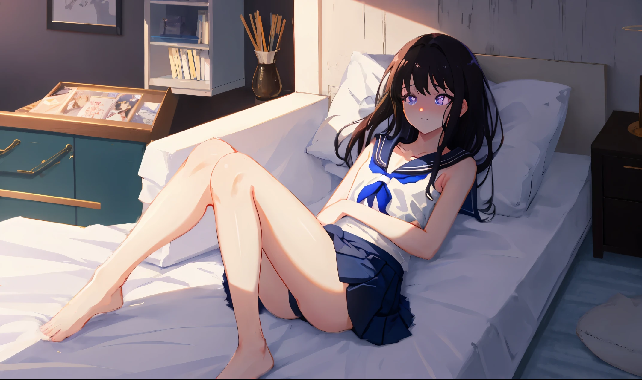 inspection well, through bangs, black hair color hair, Purple pupils,a sailor suit,Superskirt,Barefoot,Medium build,Expose the collarbone,Bare shoulders,Naked crotch,showing waist,Lying shyly in bed, face flushed, Sighing,Very shy, super detailing, 16k, Best quality, A high resolution, Award-Awarded, high high quality, super detailing, high detal, Anatomically correct, tmasterpiece, hyper HD,Long hair,ray tracing, cinematic lighting,Cinematic,anime figure,Feminine body,beautidful eyeeautiful thigh,Cinematic texture,dyna,Nervous,扯开a sailor suit,Weiwei's part