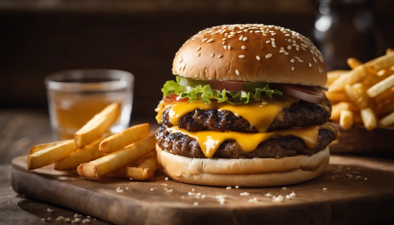 a top-down shot of a cheeseburger on a rustic wooden table, with sesame seeds sprinkled on the bun and a side of crispy golden fries, creating a classic American diner aesthetic