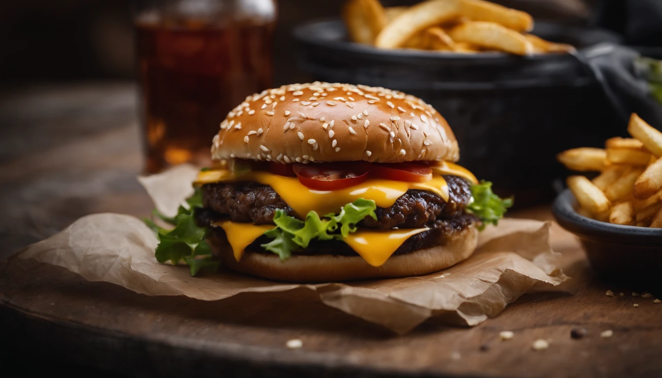 a top-down shot of a cheeseburger on a rustic wooden table, with sesame seeds sprinkled on the bun and a side of crispy golden fries, creating a classic American diner aesthetic
