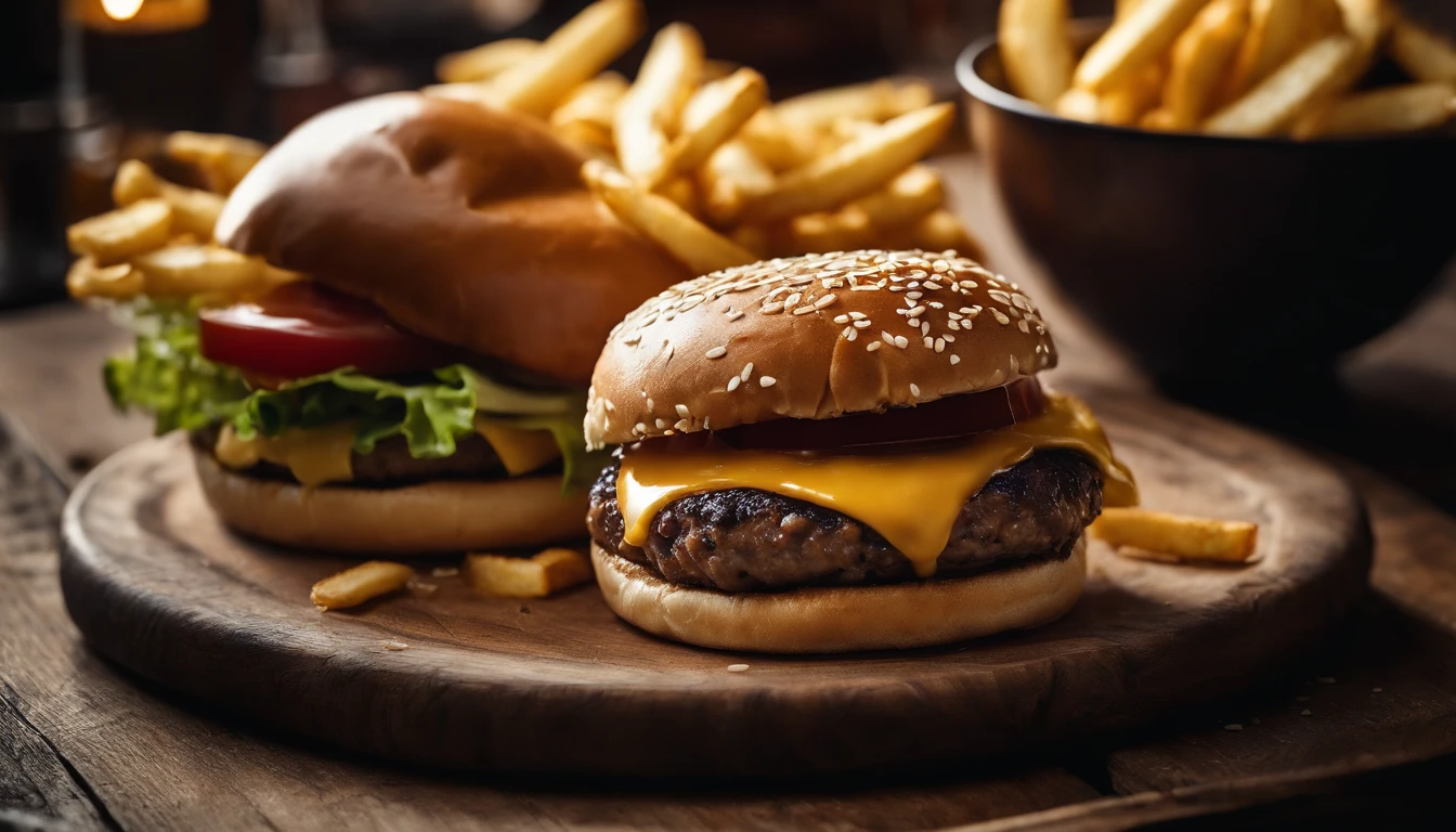 a top-down shot of a cheeseburger on a rustic wooden table, with sesame seeds sprinkled on the bun and a side of crispy golden fries, creating a classic American diner aesthetic