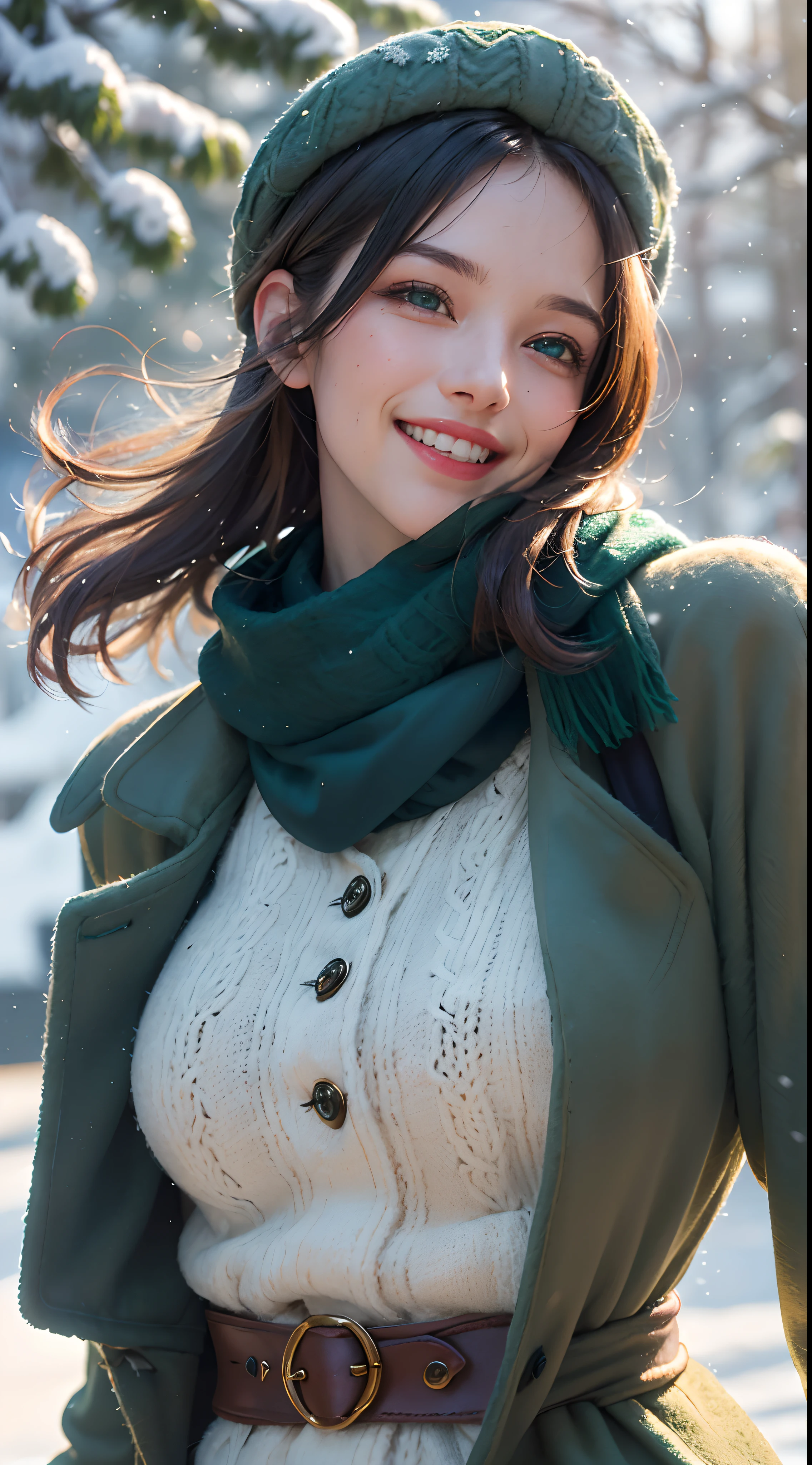 (Best quality at best, 4K, 8K, A high resolution, tmasterpiece:1.2), ultra - detailed, (actual, photoactual, photo-actual:1.37), (美丽细致的眼睛, beautiful detailed lips, Extremely detailed eyes and face:1.5), Studio lighting, physically-based renderingt, vivd coloarge tities, super large tities, super extra large tities), (green wool coat, Hats, mitts, 围巾:1.5), (smile and laugh:1.5), (Bob Che, Hair Fluttering in the Wind, shinny hair, Glossy glossy skin), (Snowy Land, vague background:1.37), (tilt your head to one side:1.5),