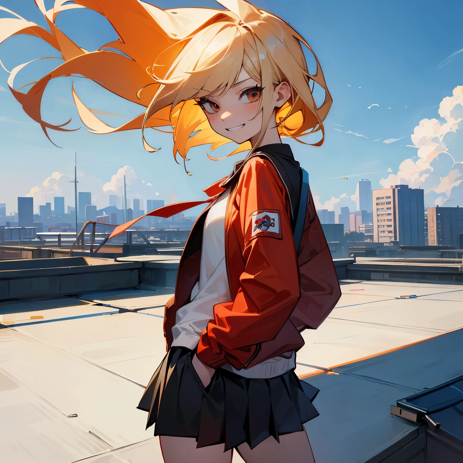 a blond、Bad eyes、Mischievous grin、Looks Back、Red jersey jacket、Check miniskirt、Bad Girls、hitornfreckles、hands in the pocket、On the rooftop、blows wind