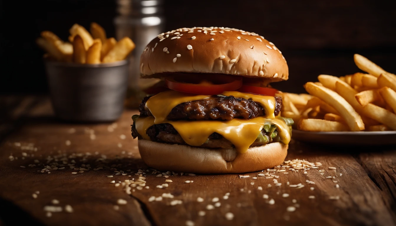 a top-down shot of a cheeseburger on a rustic wooden table, with sesame seeds sprinkled on the bun and a side of crispy golden fries, creating a classic American diner aesthetic