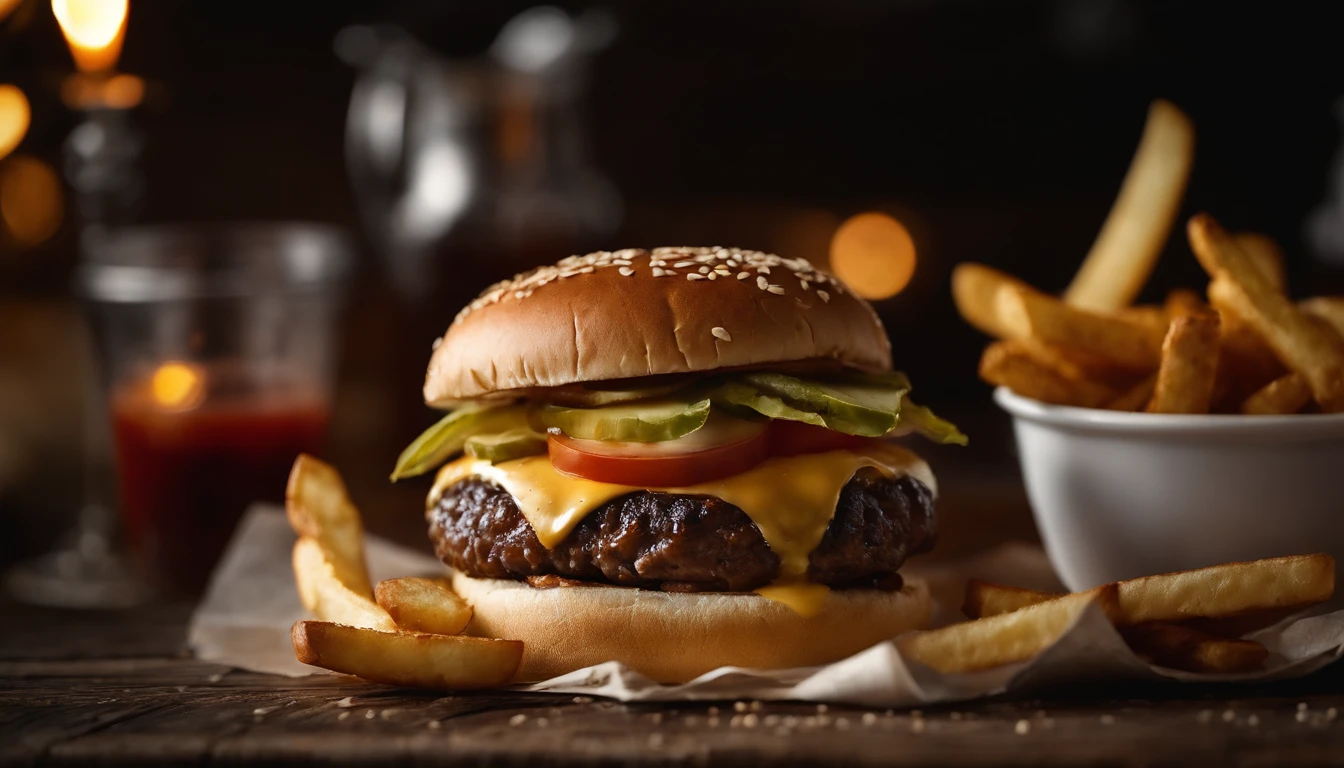 a top-down shot of a cheeseburger on a rustic wooden table, with sesame seeds sprinkled on the bun and a side of crispy golden fries, creating a classic American diner aesthetic