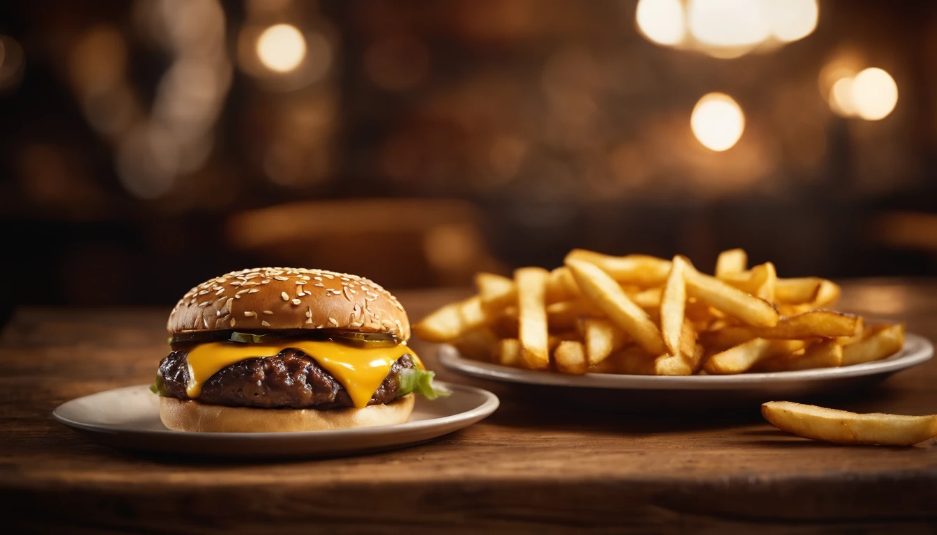 a top-down shot of a cheeseburger on a rustic wooden table, with sesame seeds sprinkled on the bun and a side of crispy golden fries, creating a classic American diner aesthetic