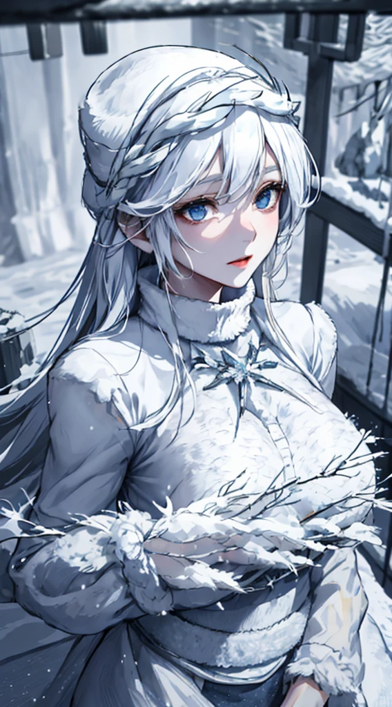 1 girl, Upper body, Single Focus, ice beauty, Outfit inspired by Yuki Onna, A frosty stare, (snowy landscape: 1.4), (blizzard: 1.3), White as snow skin, A cold aura, [Depth of Field, Ambient light, The foreground is covered with snow., Snow Forest background], Snow Forest, cold wind, Lake of falling snowflakes), (ice cave: 1.2), intricate detailed, improved lighting.