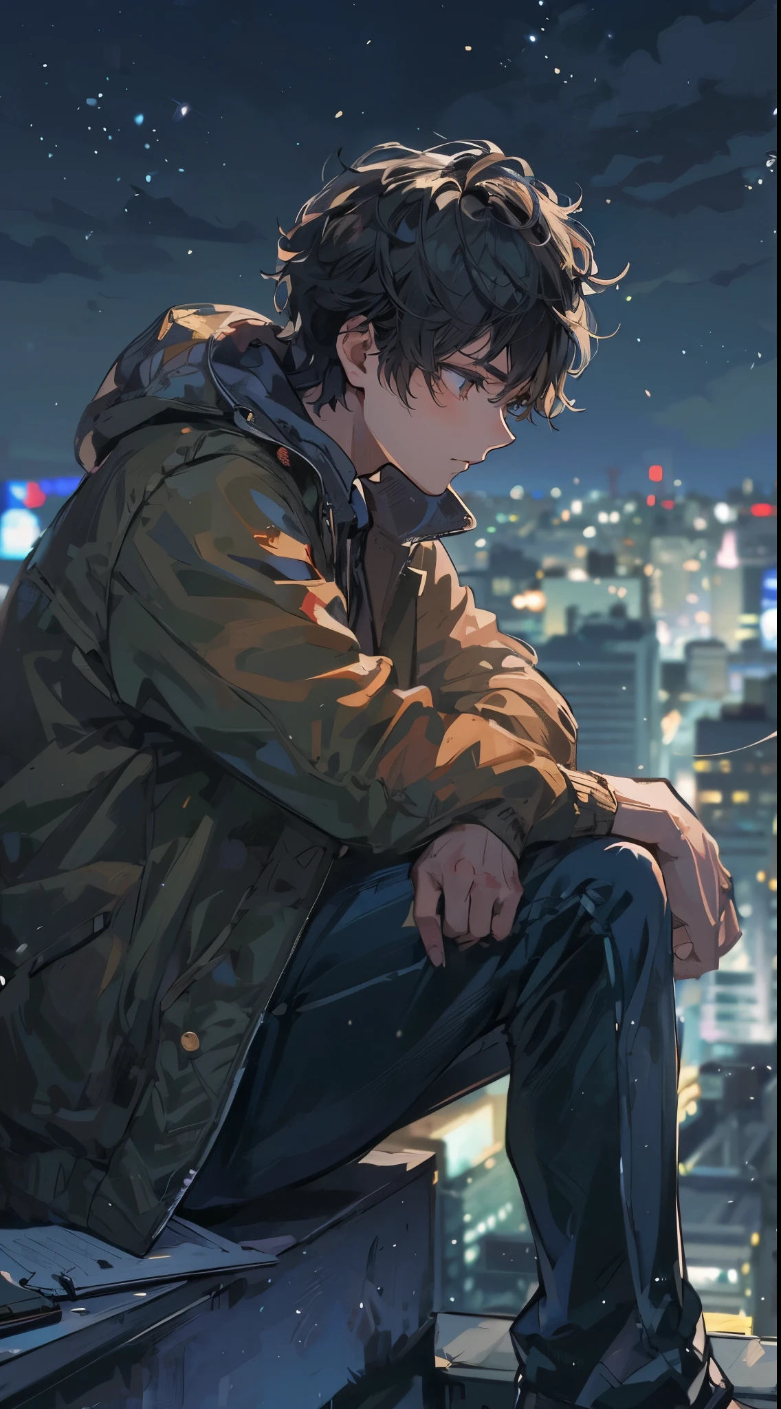 high quality, amount of drawing, pixiv illustration, A scene depicting a handsome young man gazing at the night sky from a city rooftop. He is seated on the edge of the rooftop under the starry sky, dressed casually in a jacket and denim pants. His expression is contemplative, looking off into the distance. Beside him, there’s a small notebook and pen, and he occasionally jots something down. The background showcases the city’s nightscape, with distant building lights twinkling. This scene captures a moment of solitude away from the urban bustle, portraying a young man lost in his thoughts and dreams under the night sky