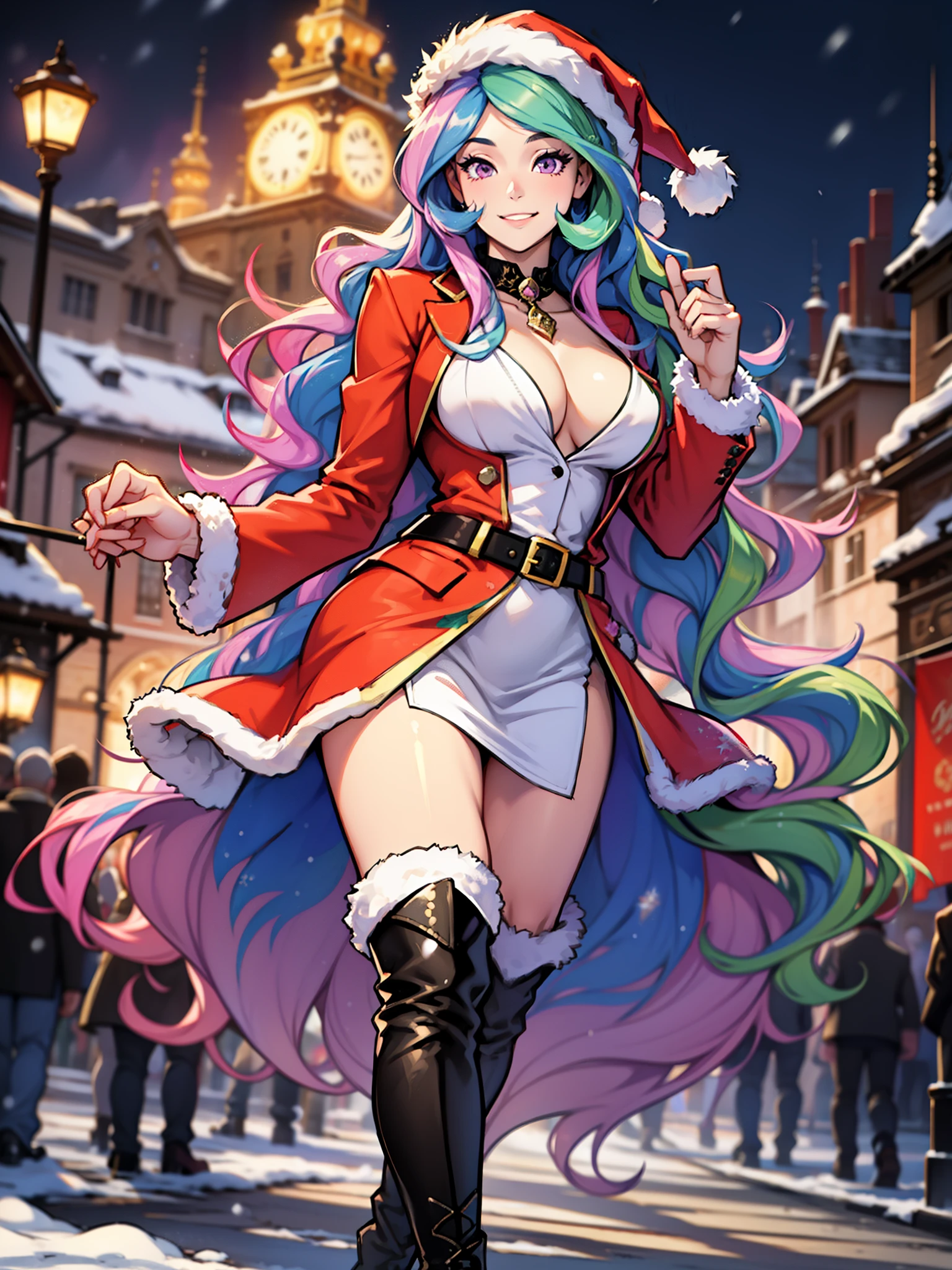 Princess celestia, Princess celestia из мой маленький пони, big breastes, Lush breasts, Volumetric breasts, exuberant hair, hairlong, Smiling, New Year, Christmas, santa costume, New Year&#39;s down jacket, closed clothing, New Year&#39;s hat, suit pink, royal down jacket, ornaments, elegant boots, New Year's Eve Outfit, in full height, New Year&#39;s boots, women&#39;s boots, a lot of Christmas lights, fireworks, super quality, Very detailed, snowing, Garland, Castle in the background,