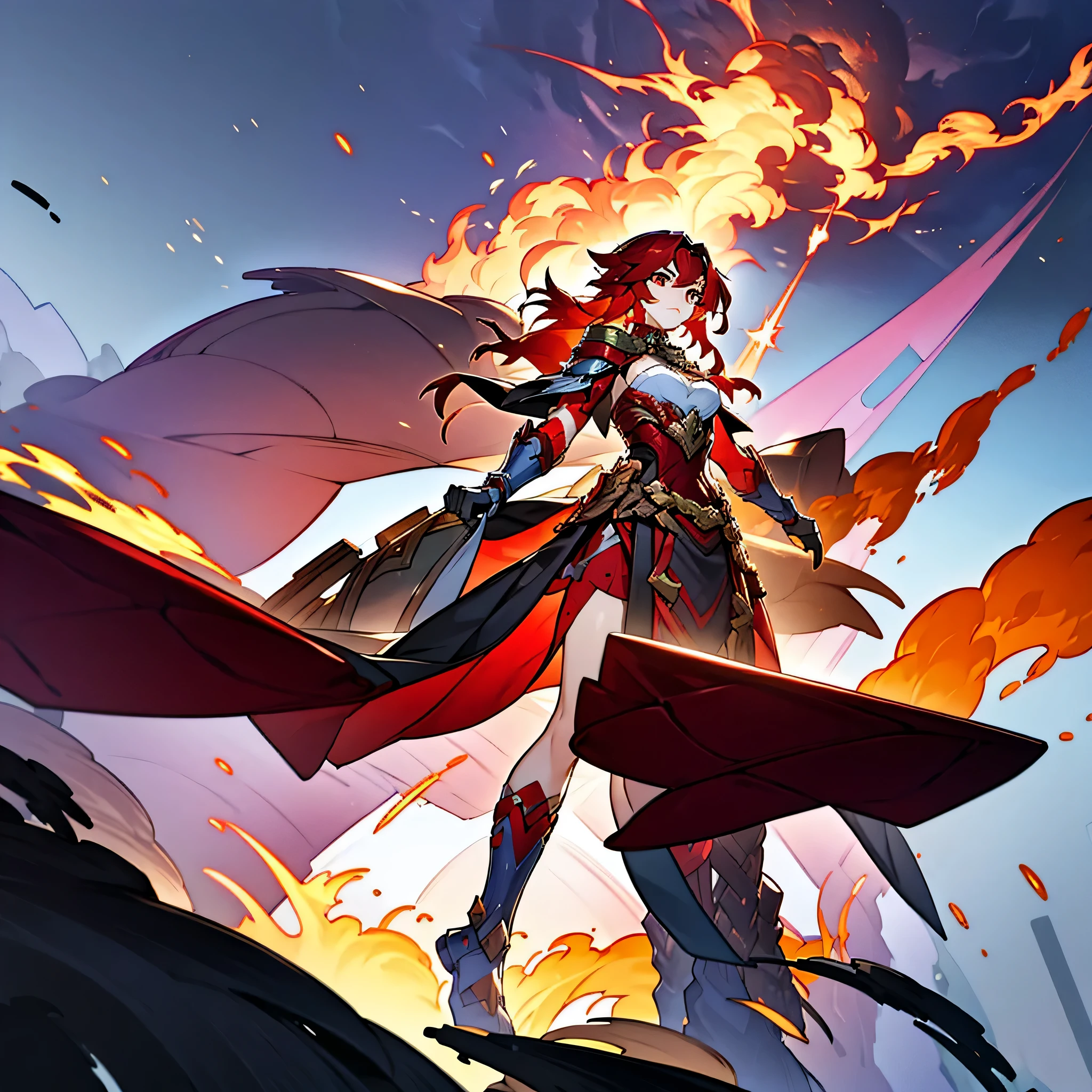 Woman of average height, swarthy skin color, shoulder-length red hair, half-naked gladiator armor, fire falcon, Vennessa Genshin Impact,