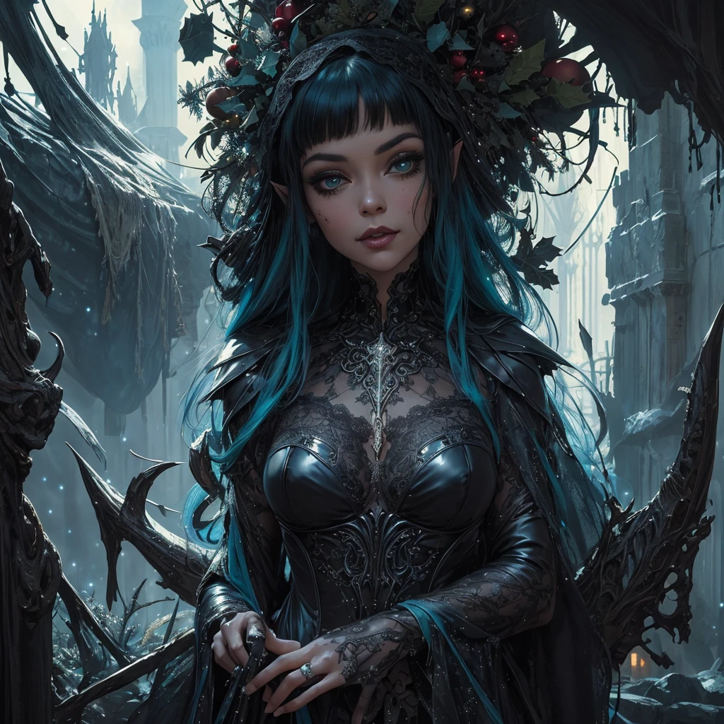 bright close up hyperdetailed photorealistic unique whimsical cosmic portrait of beautiful christmas elf in dark burgund and black and teal latex lace lingerii decorating christmas tree, mysterious, retro, detailed, sharp, ,, gothic,pretty features, pretty face, sparkles,, fantasy art, , Wadim Kashin, James Gurney, Ink, splash art, christmas scenery, breathtaking beauty, alluring, cinematic, royo, giger