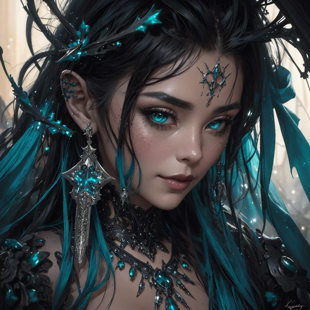 bright close up hyperdetailed photorealistic unique whimsical cosmic portrait of beautiful christmas elf in dark burgund and black and teal latex lace lingerii decorating christmas tree, mysterious, retro, detailed, sharp, ,, gothic,pretty features, pretty face, sparkles,, fantasy art, , Wadim Kashin, James Gurney, Ink, splash art, christmas scenery, breathtaking beauty, alluring, cinematic, royo, giger