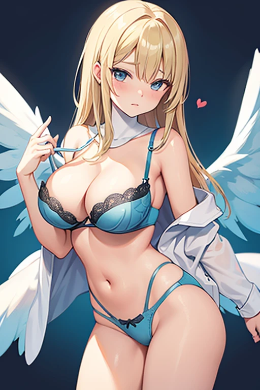 ((Best Quality)), ((Masterpiece)), (detailed), perfect faces, blonde hair, blue eyes, large breast, sexy, ((blue color bra))), (((blue color underwear))), (((blue color lingerie))), cum in pussy, breast milk, angel wings