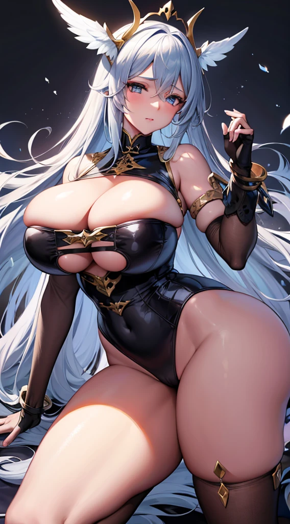 Brunhild the Bustiest Valkyrie from Shuumatsu no valkyrie looking like a hot babe,gourgeous goddess,beautifull,cute face with a large,curvy voluptuous body, massive breasts, thick thighs wearing see through reaveling outfit
