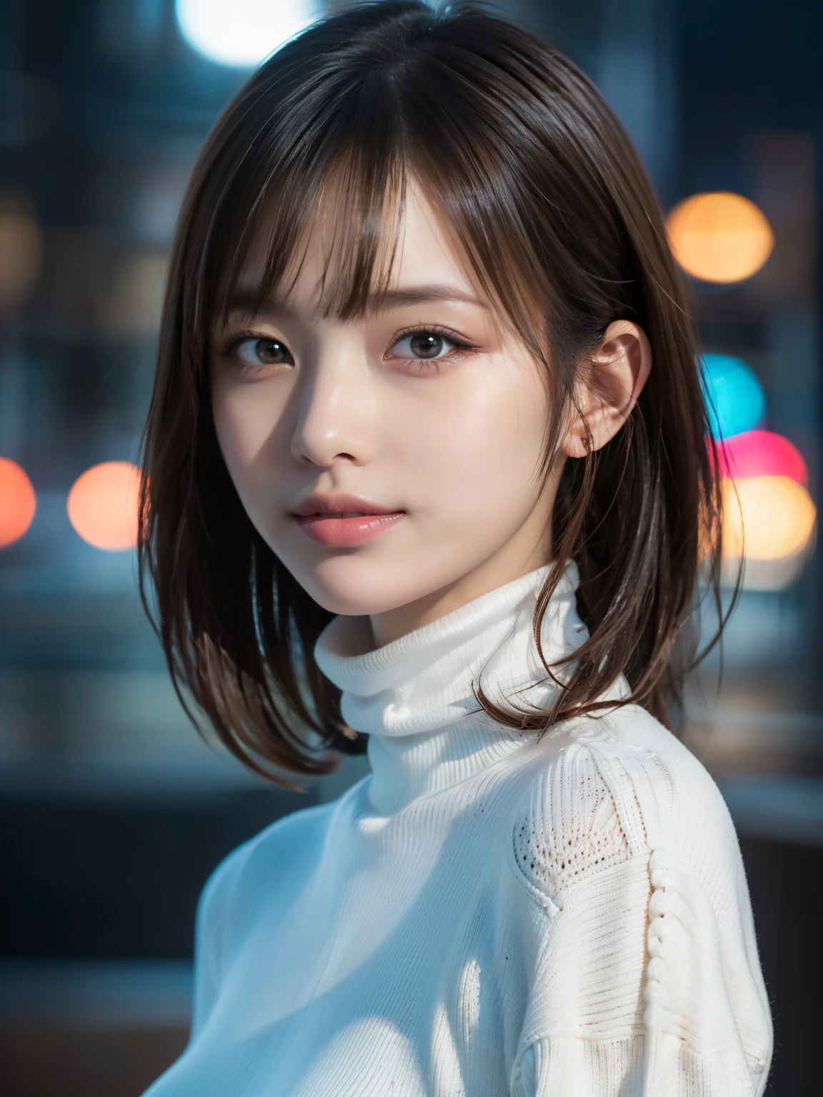 1girl in,(White turtleneck sweater:1.4),(Raw photo, Best Quality), (Realistic, Photorealsitic:1.4), masutepiece, extremely delicate and beautiful, Extremely detailed, 8k wallpaper, amazing, finely detail, extremely detailed CG Unity, hight resolution, Soft light, Beautiful detailed 19 year old girl, extremely detailed eye and face, beautiful detailed nose, Beautiful detailed eyes,Cinematic lighting,city light at night,Perfect Anatomy,Slender body,Smiling  (hair messy, asymmetrical bangs, light brown hair,)