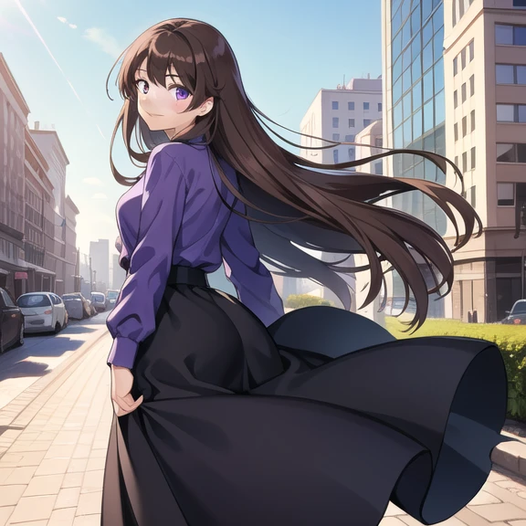 Best quality, Masterpiece, 1girl, long brown hair, purple eyes, wearing plain blue shirt, black long skirt, smile, in the city, sunny day, 4K, looking at viewer
