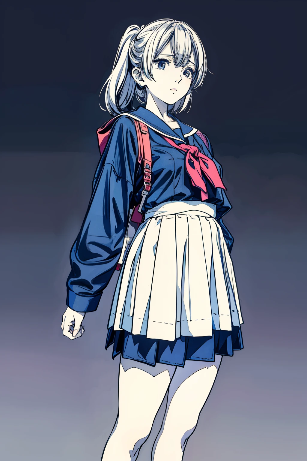 Alone_girl_hi-school girl、Japanese high school uniform,actionpose、Pleasantly、Overflowing、inked-art、((quality、8K、masterpiece:1.3))、(Clear focus:1.2)、(Manhwa Style),(pop inspo),(linear art_Japanese cartoon)、(pastelcolor:1.2),((monotone_High-contrast art:1.2))、flatchest、(the complex Background with:1.2),(Lola:Add more details:1.2)、clear silhouette、Sharp lineackground with、