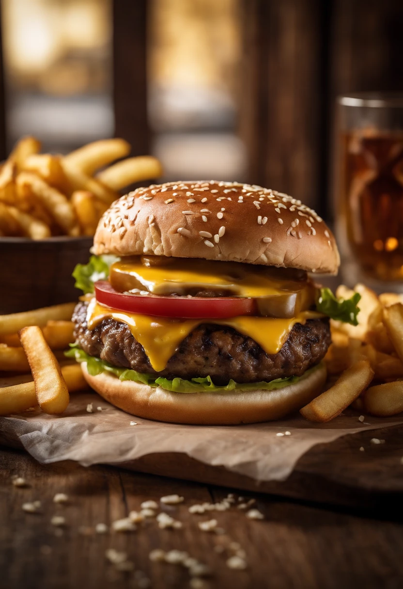 a top-down shot of a cheeseburger on a rustic wooden table, with sesame seeds sprinkled on the bun and a side of crispy golden fries, creating a classic American diner aesthetic