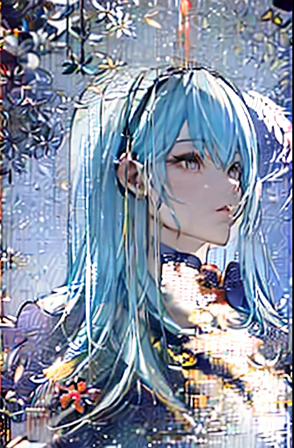 Blue-haired,The long-haired,male people,profile,head phone,cherry trees