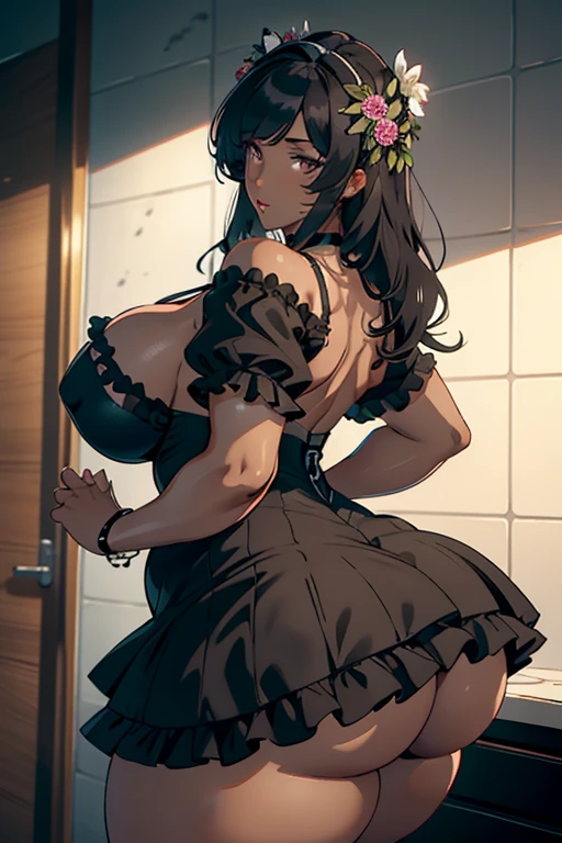 Best quality, solo mature woman, medium breasts, giant ass, very curvy, dark skin, black long hair, Milky brown eyes, full lips, seductive, flower in hair, conservative black dress, frilly choker, thick thighs, curvy physique