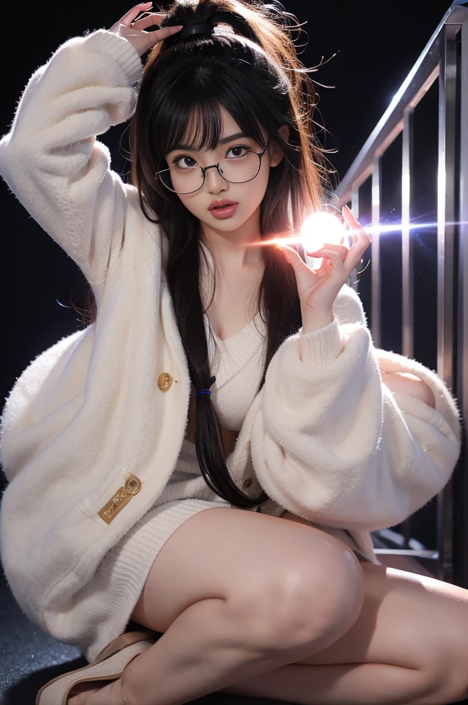 ((1 girl)), Japanese cartoon, kurzes dunkles Haar, Dark skin, shiny glasses lenses, Mouth closed，face expressionless, sitted, Her hands held a glowing sphere，while two other glowing spheres revolved around her.
