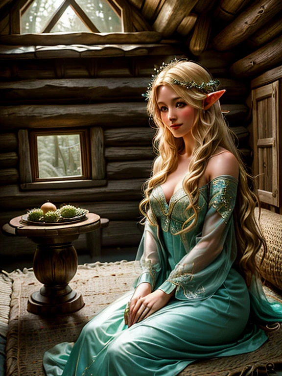 (masterpiece, high resolution:1.ortrait of a blonde elven woman with green eyes:1.2), (her long flowing hair cascading to the floor:1.1), (Sony Alpha 7S III camera, renowned for exceptional low-light performance:1.2), (paired with the Sony FE 85mm f/1.4 lens:1.2), (the elfa dressed in a short, form-fitting attire accentuating her ample bosom and slender figure:1.1), (her stunning and flawless physique captivating the eye:1.1), (the focus of the photo is on the mesmerizing elven woman:1.1), (a gentle Gaussian effect adding a touch of ethereal charm to the prompt:1.1), (the wooden cabin, a medieval marvel, providing a rustic and enchanting setting:1.1), (the cabin constructed from sturdy timber logs:1.1), (intricate carvings adorning the wooden walls and beams:1.1), (a thatched roof protecting the cabin from the elements:1.1), (small, charming windows allowing soft rays of sunlight to filter in:1.1), (a stone hearth providing warmth and a cozy ambiance:1.1), (the cabin interior furnished with but elegant wooden furniture:1.1), (a warm and inviting atmosphere embraced by the wooden cabin's natural beauty:1.1), (the elven woman gracing the cabin with her ethereal presence:1.1), (the focus on her captivating gaze and radiant smile:1.1), (a moment captured in time, where fantasy and reality intertwine:1.1), (a captivating portrayal of an enchanting creature in a quaint medieval abode:1.1), (the play of light and shadow enhancing the scene's mystical allure:1.1), (a perfect harmony of the natural world and the elven realm:1.1), (a captivating photo that invites viewers into a world of magic and wonder:1.1), (the elfa embodying the grace and beauty of mythical beings:1.1), (an image that captivates the imagination and awakens the spirit of fantasy:1.1), (a timeless representation of a magical encounter in a medieval setting:1.1), (the Gaussian effect adding a dream-like quality to the image, enhancing its allure:1.1), (elven ears:0.4)