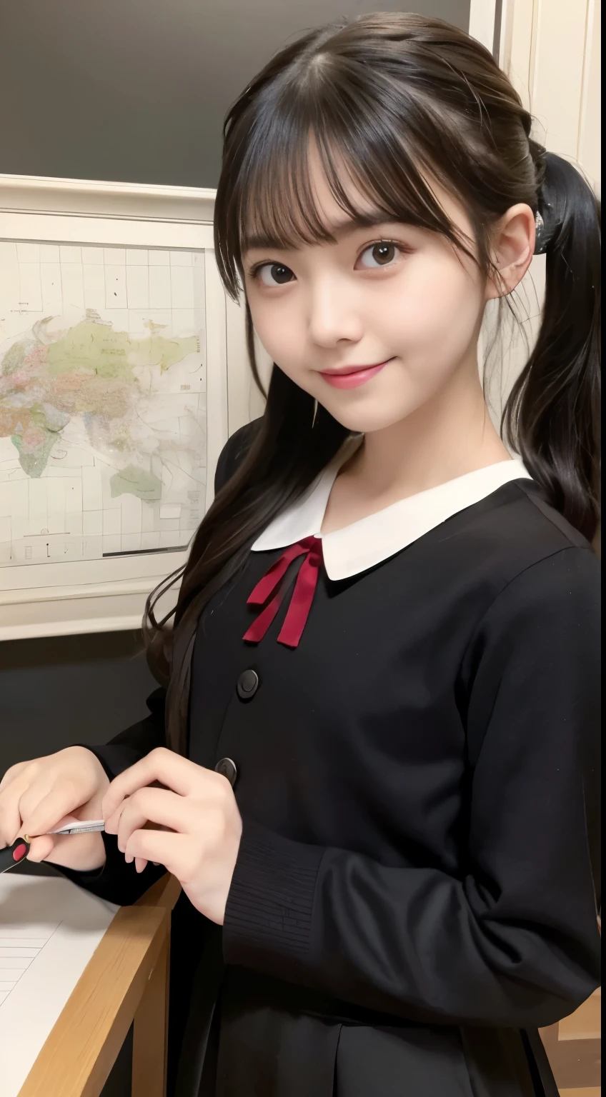 photo, masterpiece, top quality, super exquisite, 1 cute girl, sideways, black hair, wavy, ponytail, red ribbon, black eyes, looking at viewer, long sleeves, school uniform, laughing, drawing a map, in home, dynamic lightinasterpiece:1.2), (best Quality:1.2)