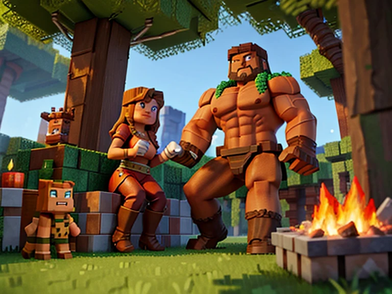 A large muscular iron golem from Minecraft sits with a girl near a fire in the forest...
